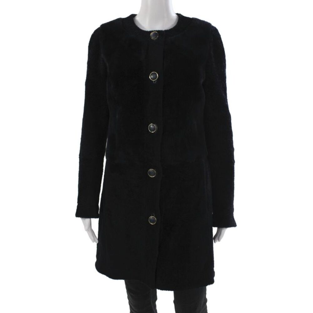 Tory Burch Womens Black Lamb Fur Button Coat Long Sleeve Size S